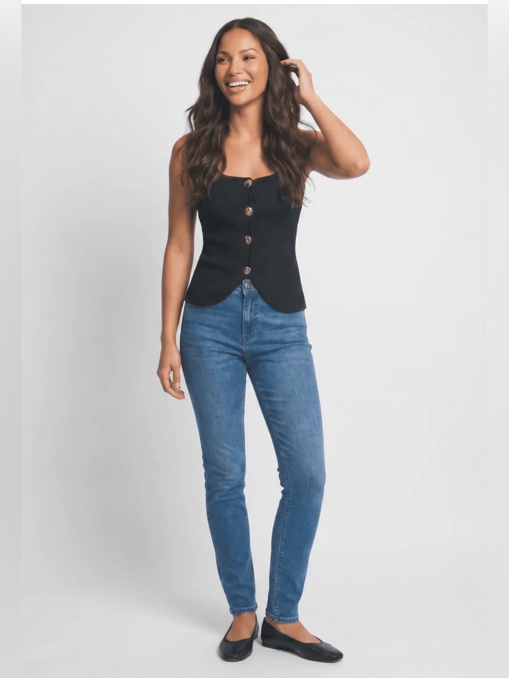 Sleeveless Black with Gold Button-Front Knit Top - Picture 3 of 4